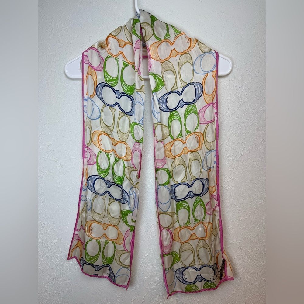 Coach Silk Scribble C Multicolor Signature Scarf with Pink Trim